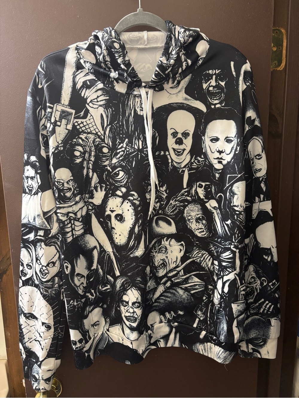 Source Unknown Black & White Horror Character Print Hoodie Jacket
